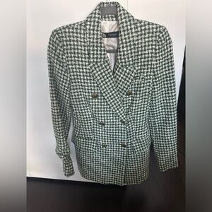 NWT Zara Ecru/Green Houndstooth Lapel Collar Double Breasted size XS